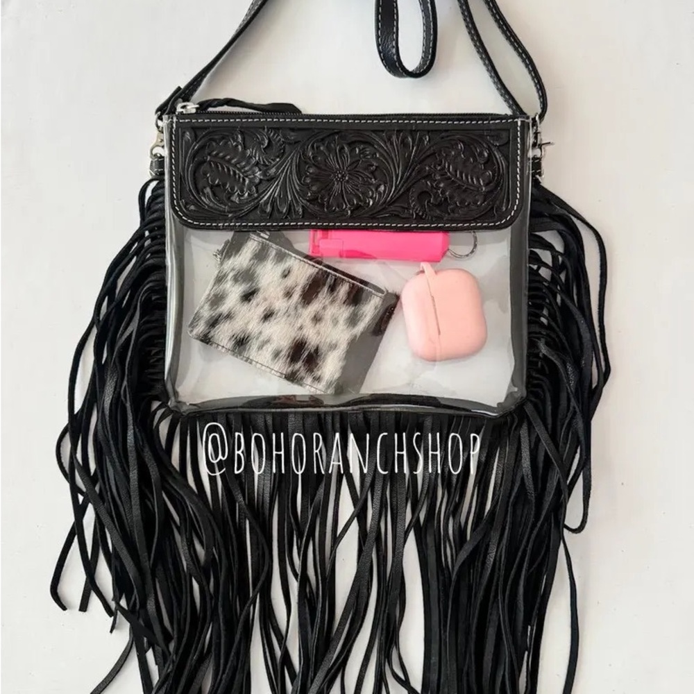 Boho Ranch - Western Tooled Leather Clear Crossbody Purse hand tooled concert - Picture 3 of 10